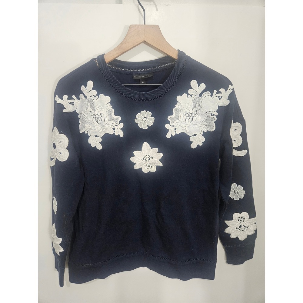 Victoria Beckham Target Navy Blue Floral Lace Applique Sweatshirt Pullover M